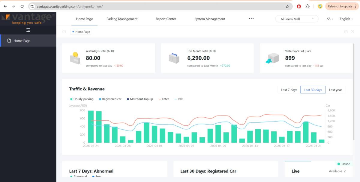 Vantage - ANPR based ticketless parking management - report dashboard